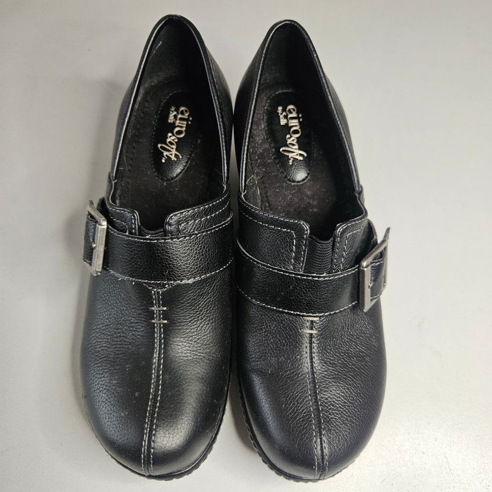 EuroSoft by Sofft Brigitte Black Leather‎ Buckle Clog Heels 8.5M 3022701
